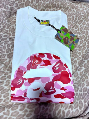 A BATHING APE ABC Camo Big Ape Head Tee Camo Short Sleeve Tee in White & Pink